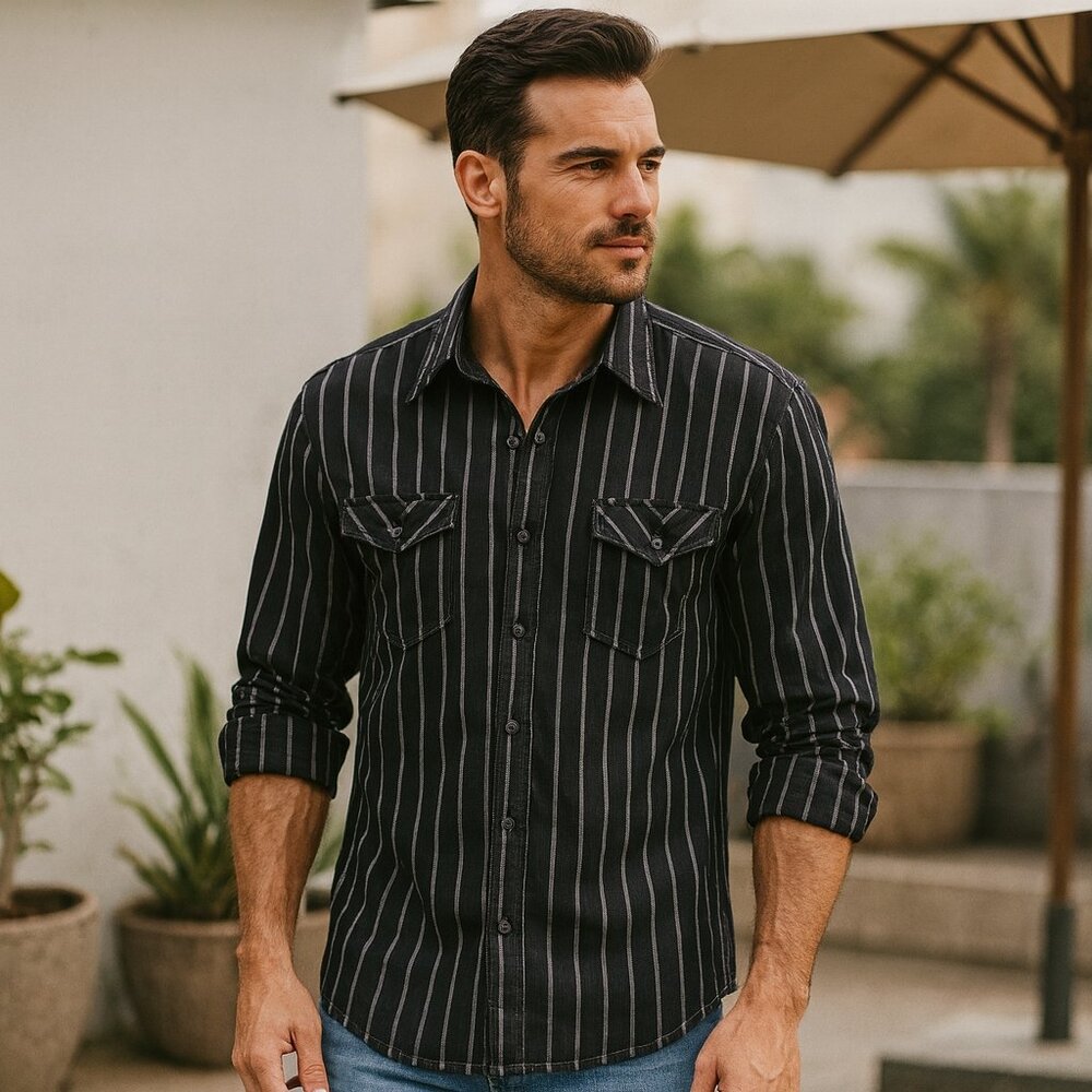Drill Clothing Co. Men's Black Striped Western Shirt with Convertible Sleeves
